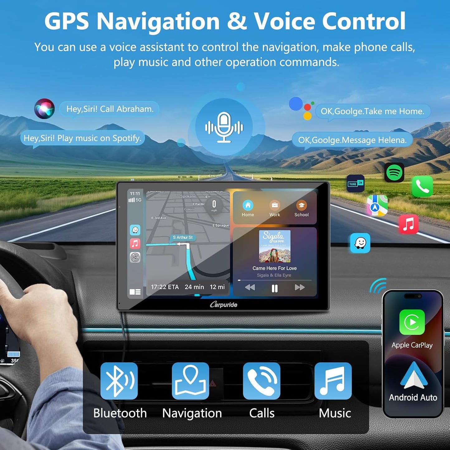 CARPURIDE Wireless Car Electronics Carplay & Android Auto Portable 9" Touch NEW
