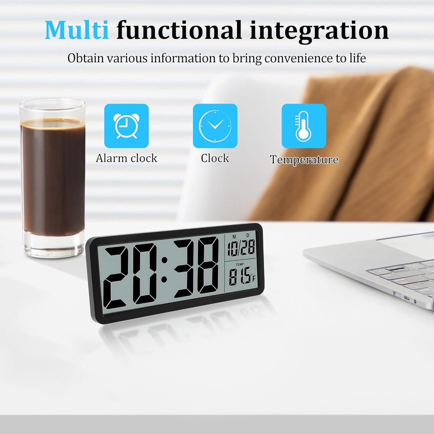 Digital Wall Clock with Large LED Temperature Display, Black 20.2 x 8 cm DEMO