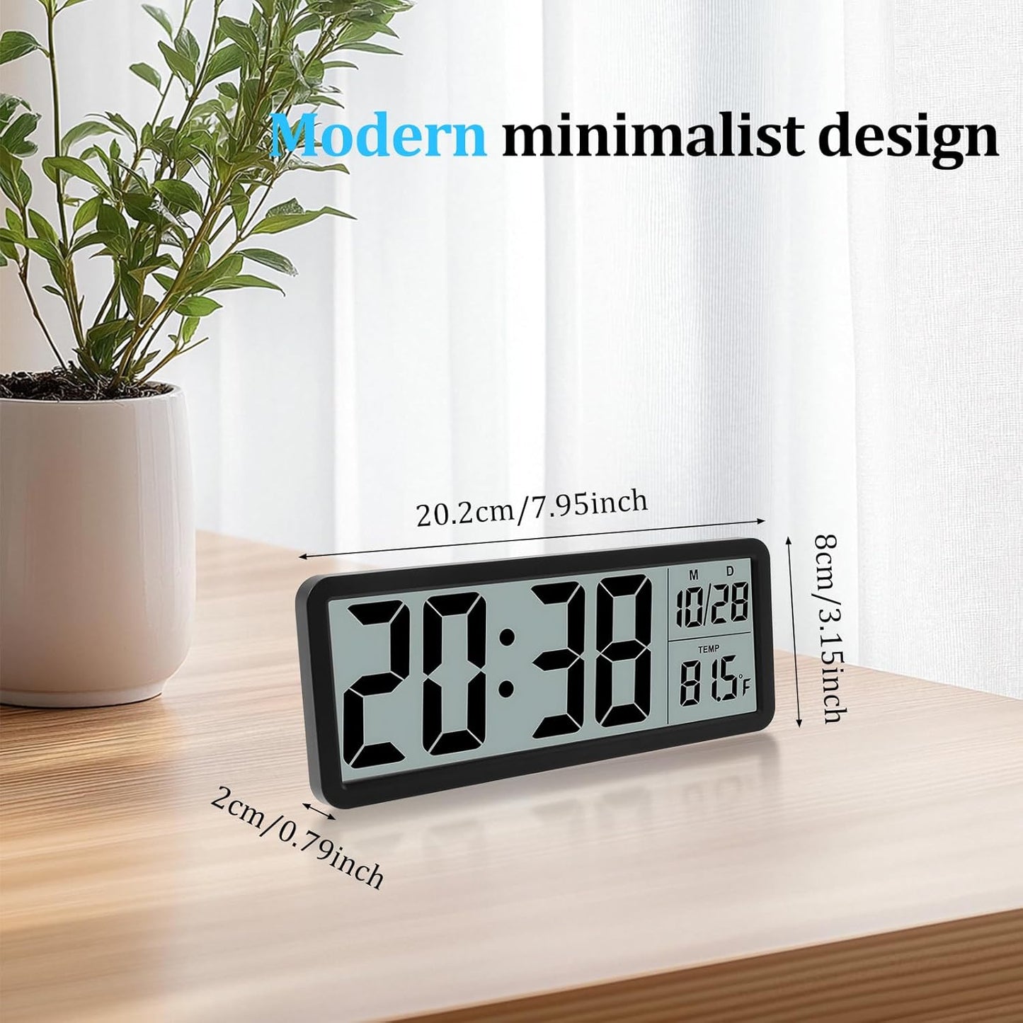 Digital Wall Clock with Large LED Temperature Display, Black 20.2 x 8 cm DEMO