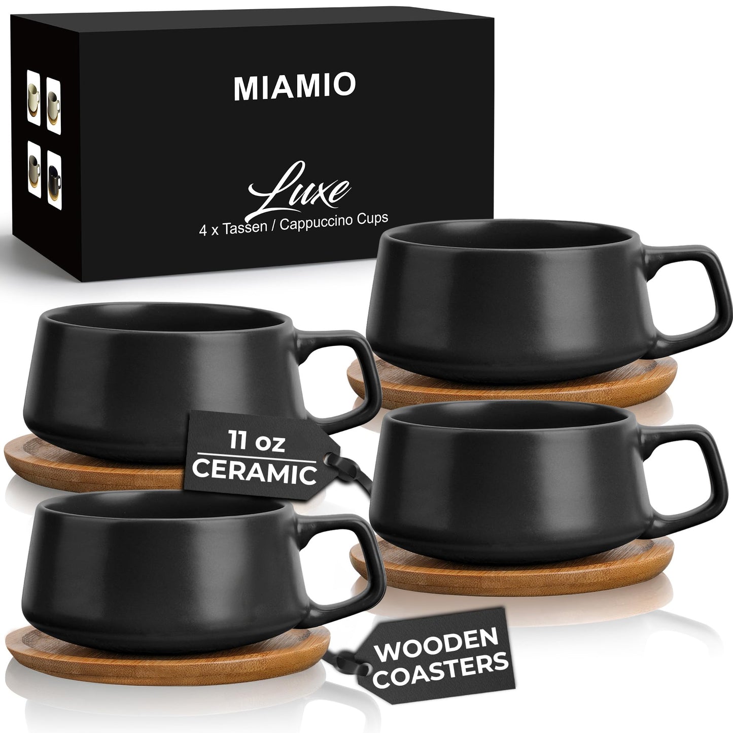 MIAMIO 320 ml Ceramic Tea Cup and Saucer Set of 4 - Black Coffee Mugs for NEW