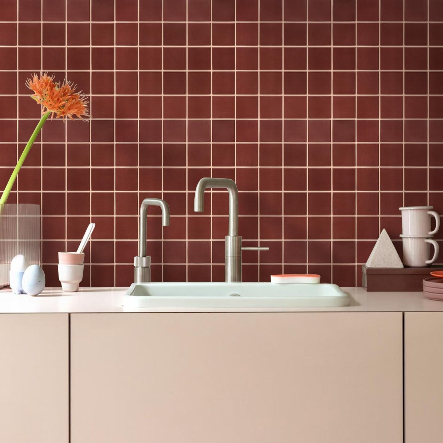 Commomy Red Square Peel and Stick Backsplash Tiles 30x30cm Wall Stickers NEW