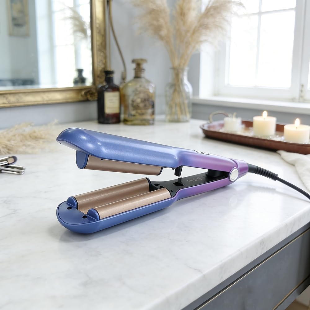 Frafuo Ceramic Tourmaline Wave Curling Iron 3 Barrels Gradient Blue-Purple DEMO