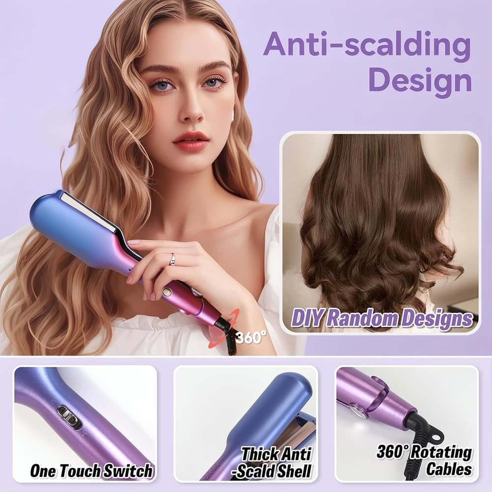 Frafuo Ceramic Tourmaline Wave Curling Iron 3 Barrels Gradient Blue-Purple DEMO