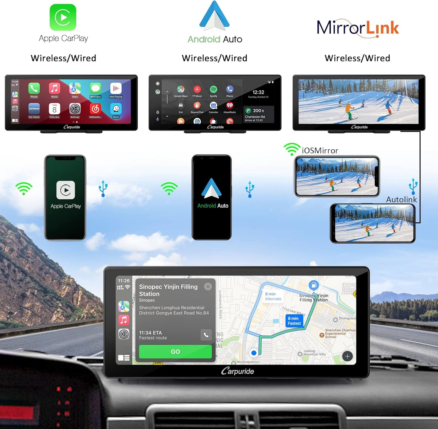 CARPURIDE 10.3" Wireless & Wired Car Play Screen for Electronics NEW