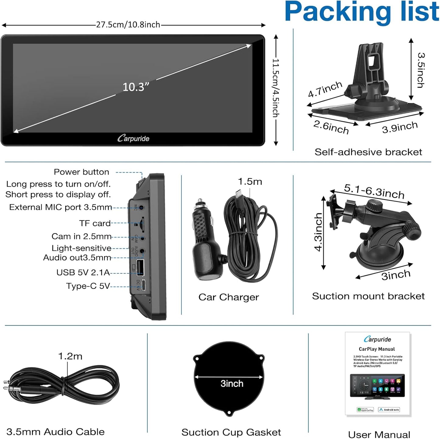 CARPURIDE 10.3" Wireless & Wired Car Play Screen for Electronics NEW