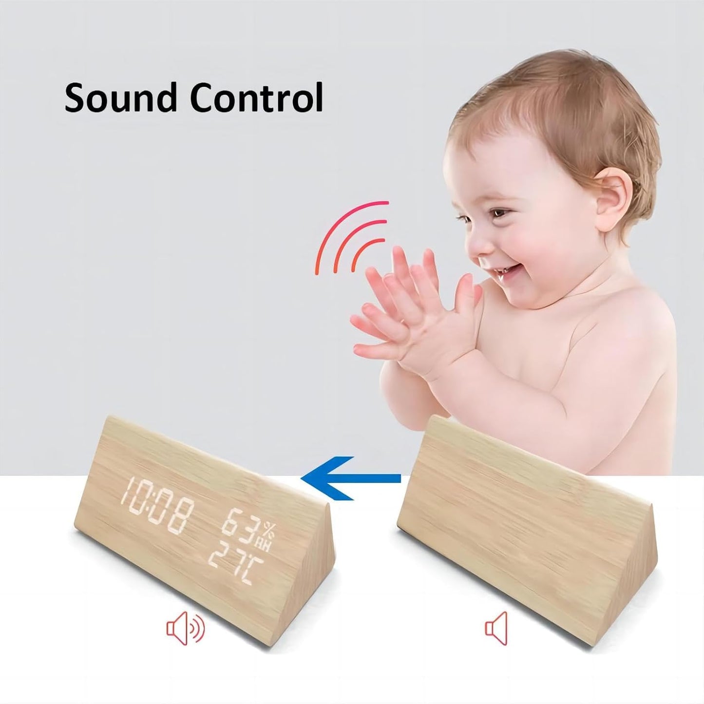 Small Electronic Alarm Clock with LED Display Temperature Humidity Brown NEW