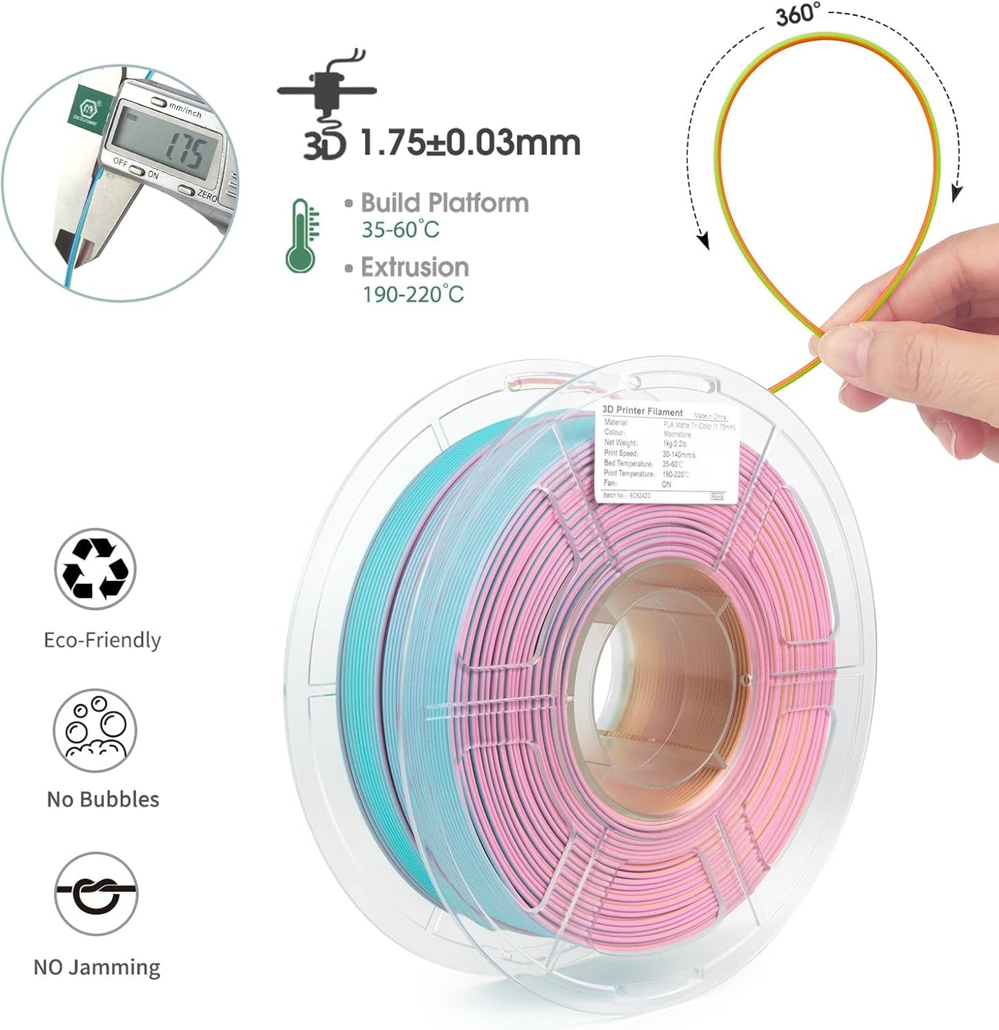 iSANGHU Matte Moonstone Tri-Color Changing 3-in-1 Filament 1.75mm Stationery NEW