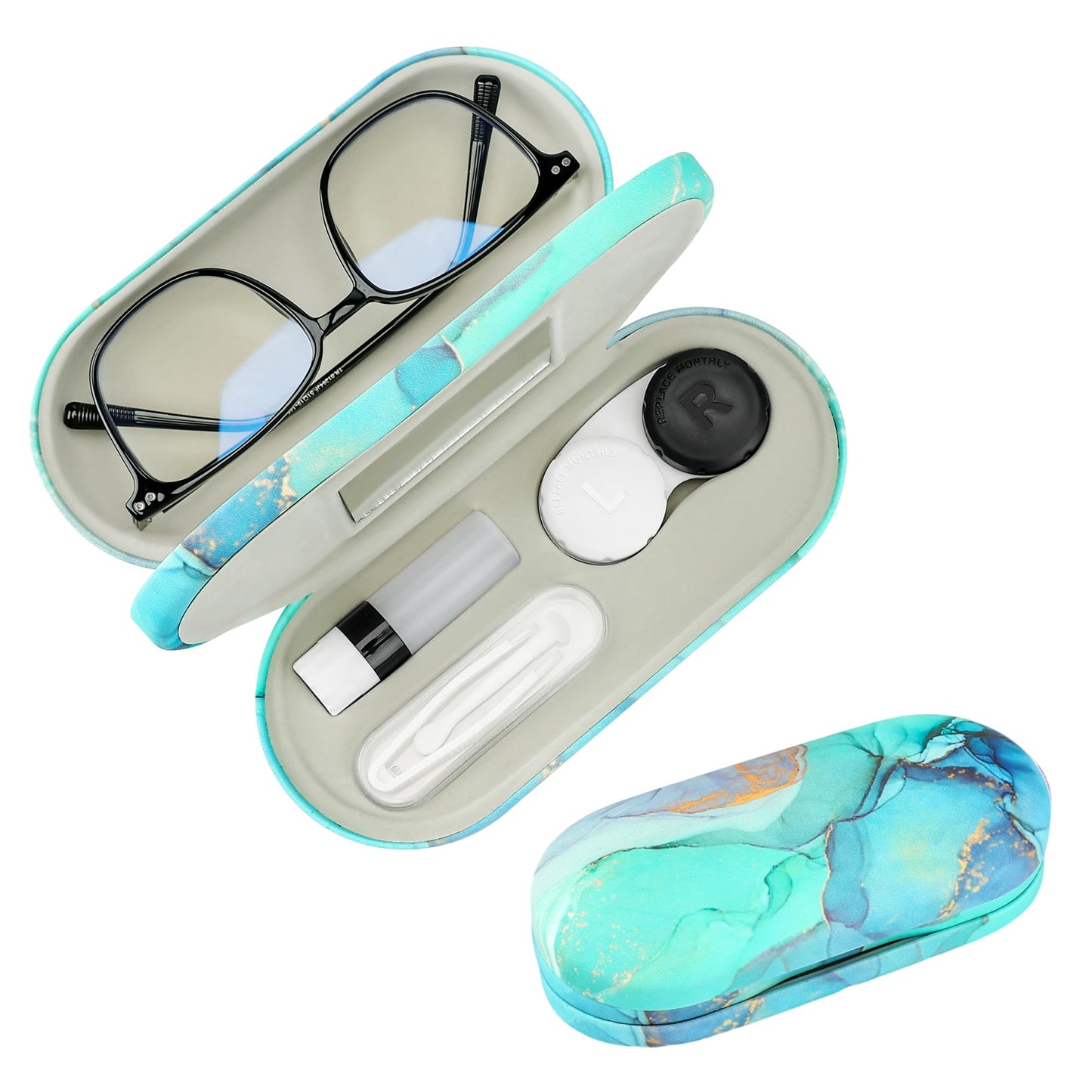 2-in-1 Eyewear Care Case for Contact Lenses and Glasses Green Marble 6.3 x NEW