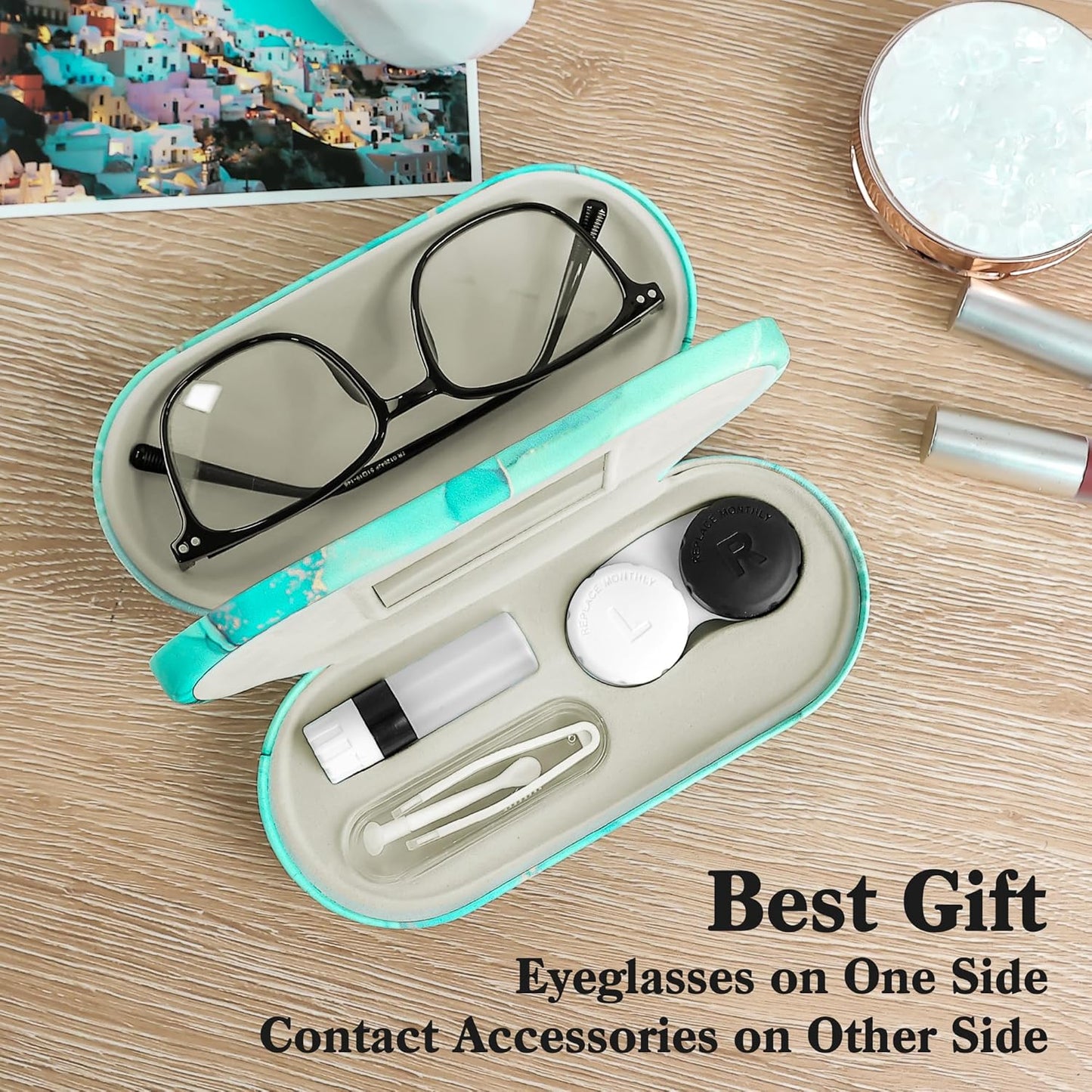 2-in-1 Eyewear Care Case for Contact Lenses and Glasses Green Marble 6.3 x NEW