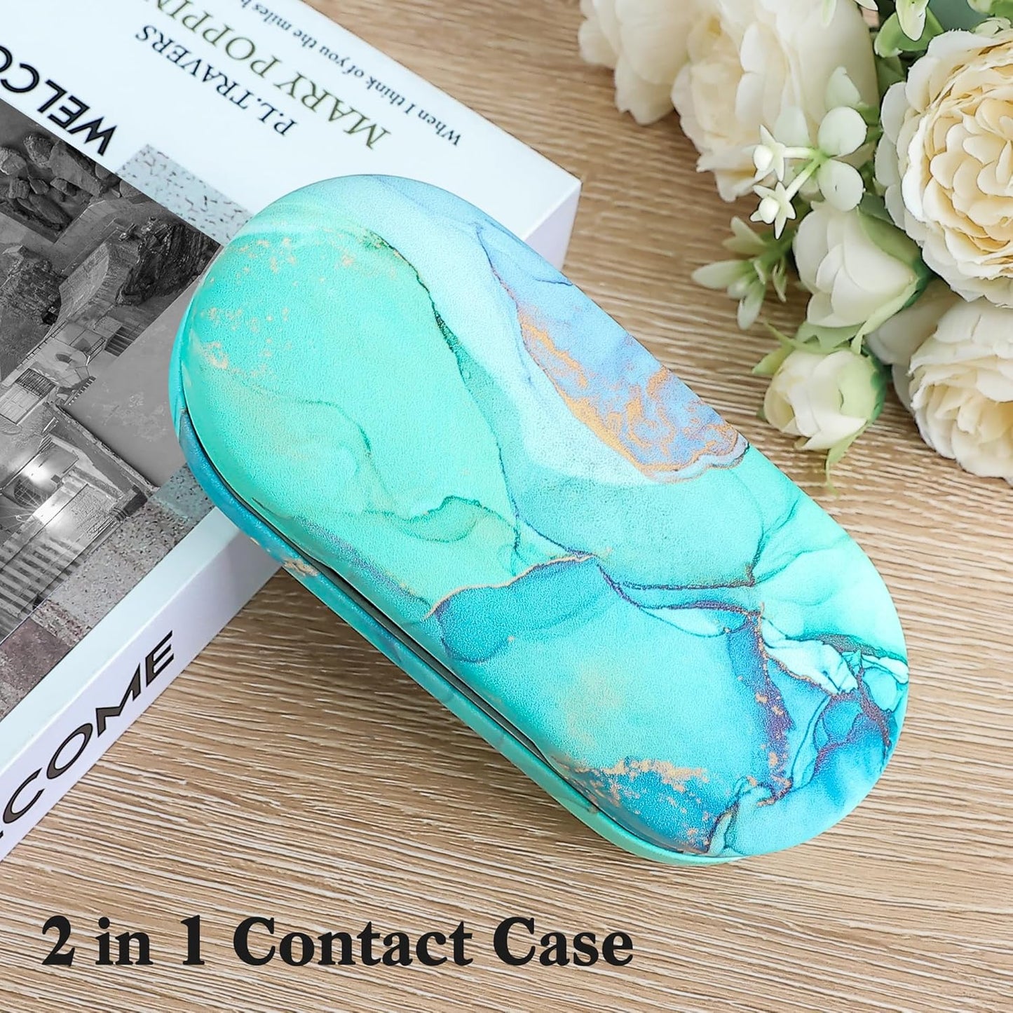 2-in-1 Eyewear Care Case for Contact Lenses and Glasses Green Marble 6.3 x NEW