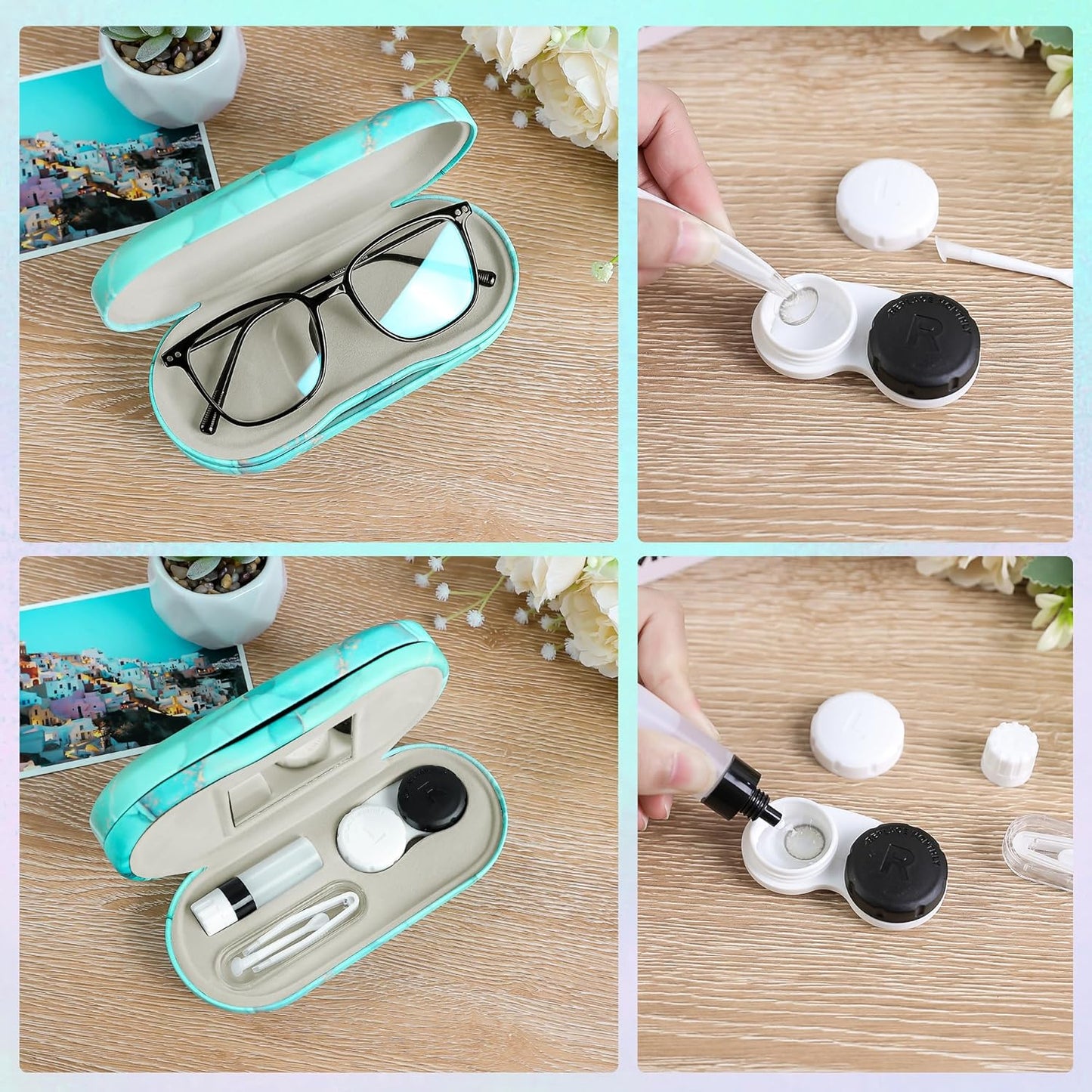 2-in-1 Eyewear Care Case for Contact Lenses and Glasses Green Marble 6.3 x NEW