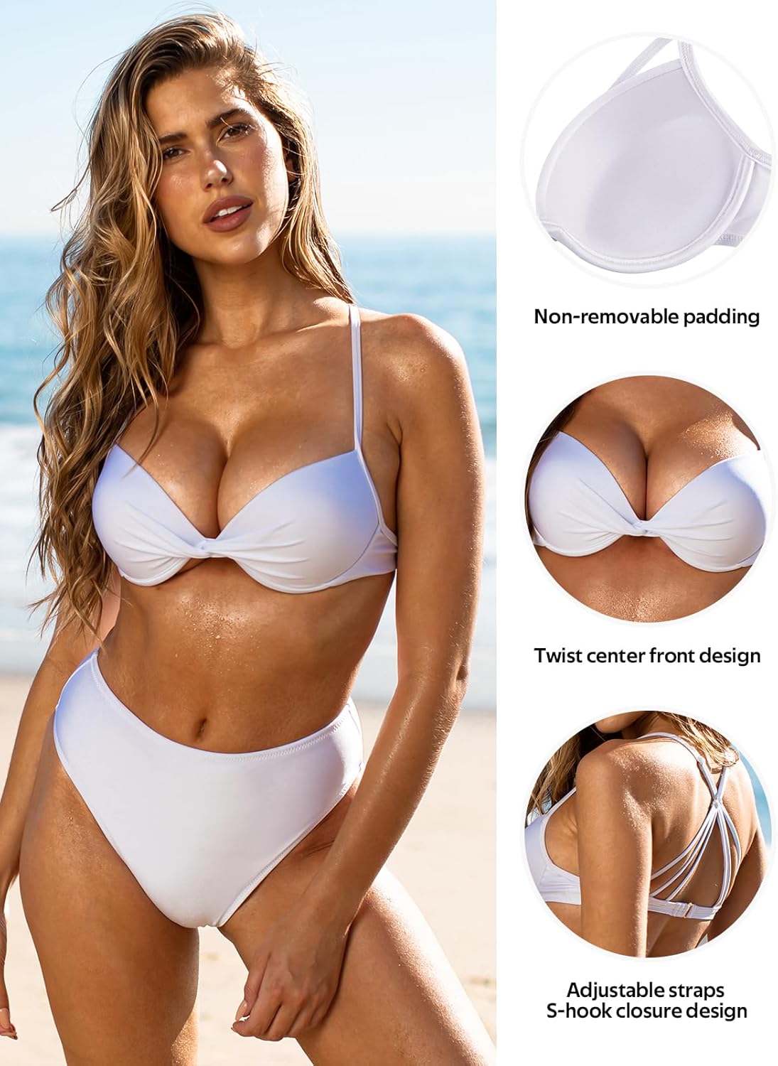 RELLECIGA Women's Underwire Push-Up Bikini Top, White, Large Size, Tops NEW