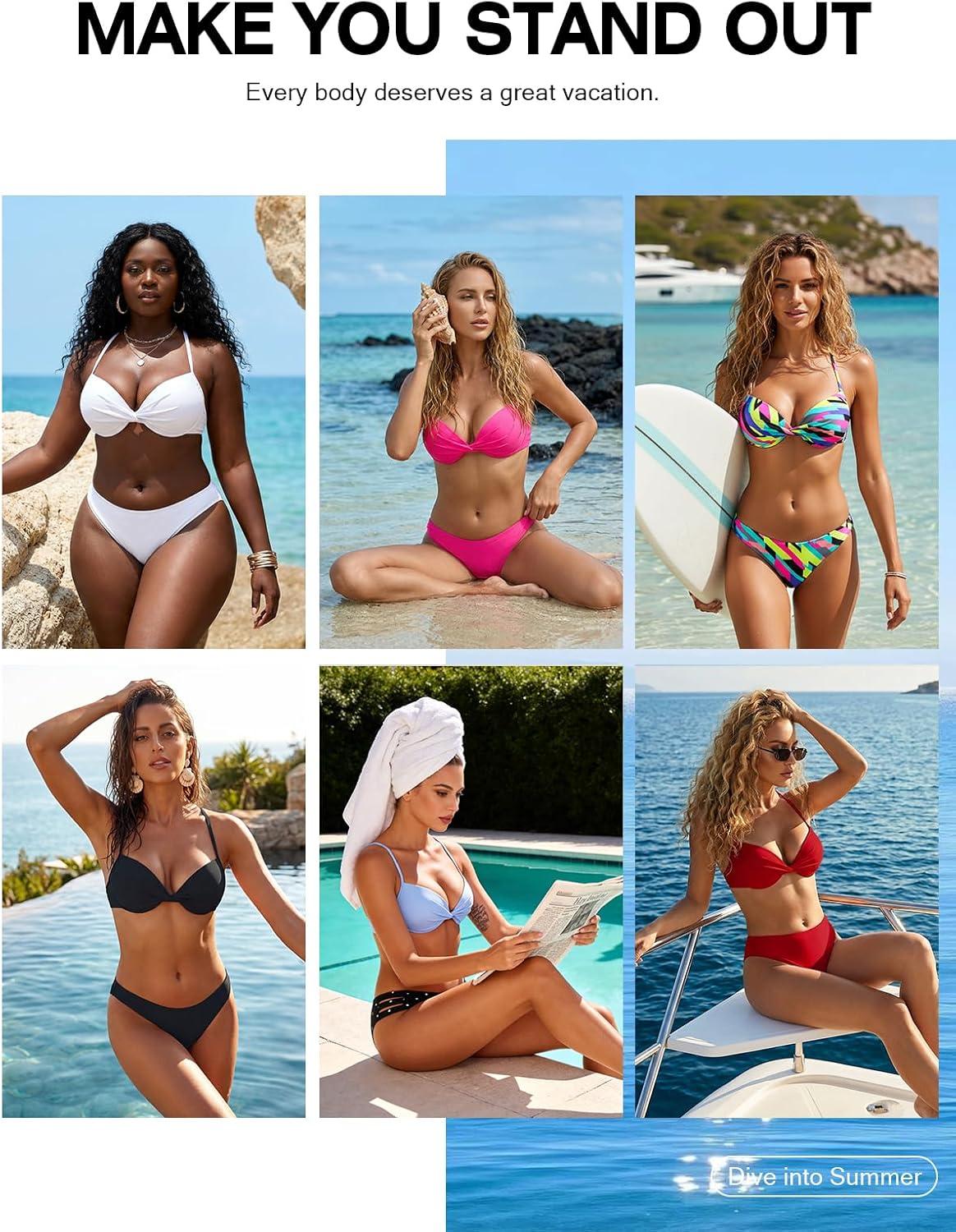 RELLECIGA Women's Underwire Push-Up Bikini Top, White, Large Size, Tops NEW