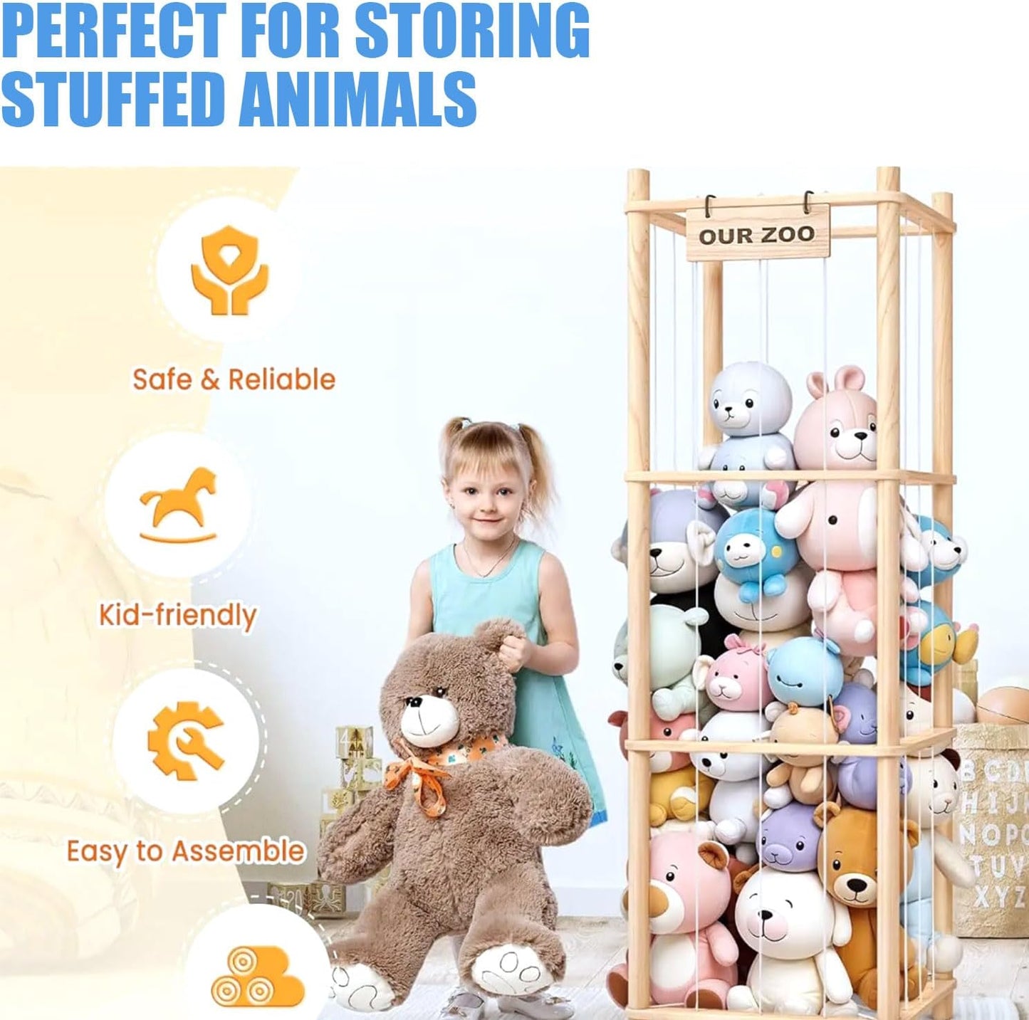 Wooden Shelves Cute Zoo Toy Holder Organizer Shelf 15.7x15.7x53.5 inches NEW