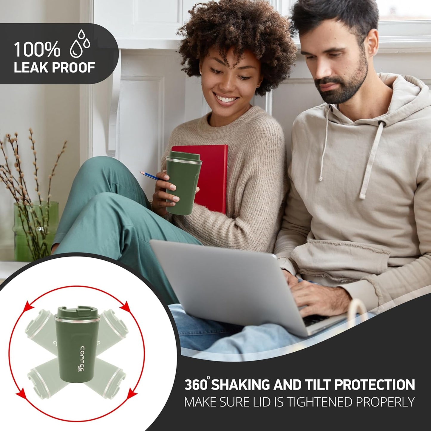 Stainless Steel Insulated Travel Mug with Leak-Proof Lid, Green, 380ml NEW