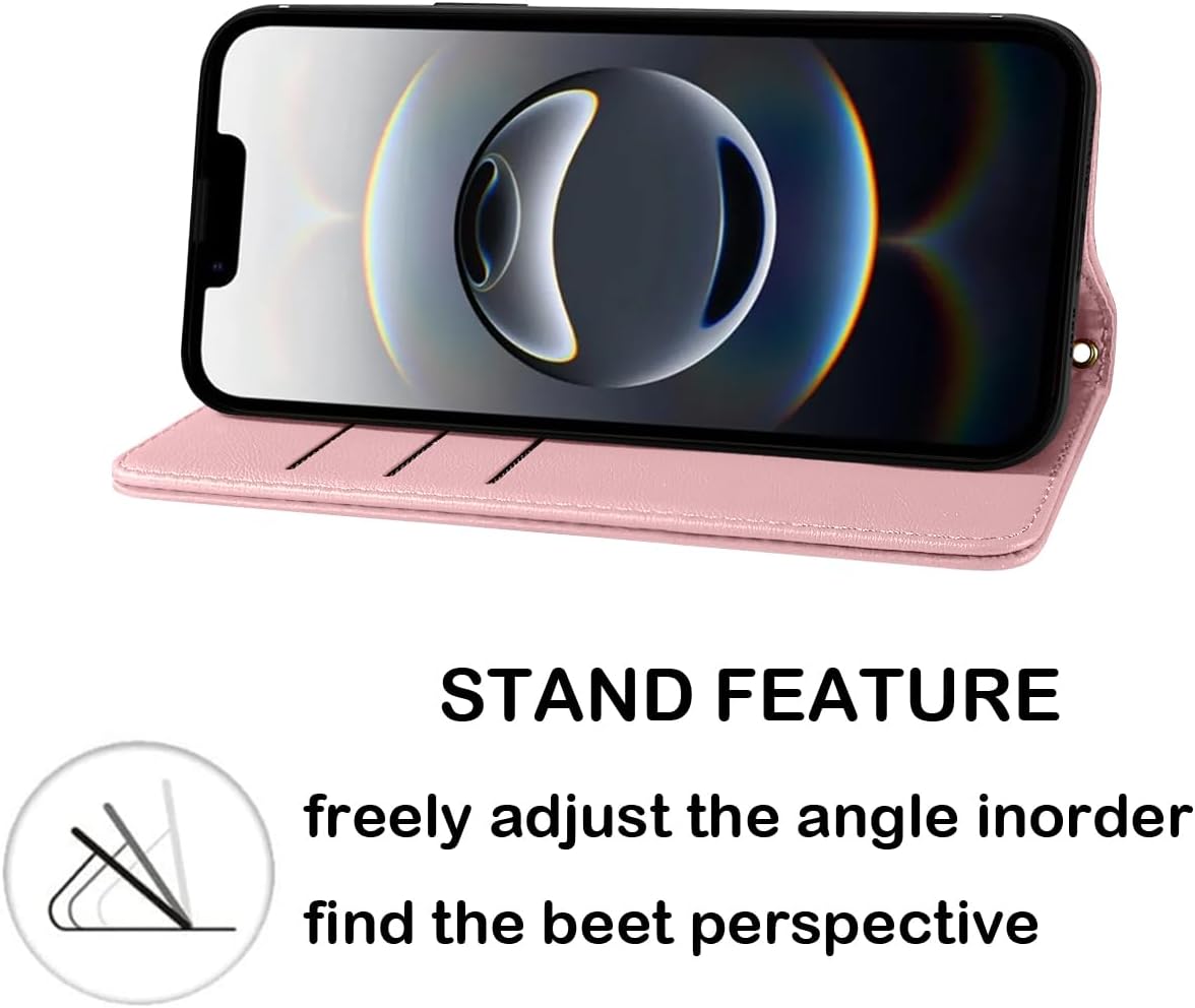 Premium Leather PU Flip Wallet Case for iPhone 16e/17e in Pink Size iPhone DEMO