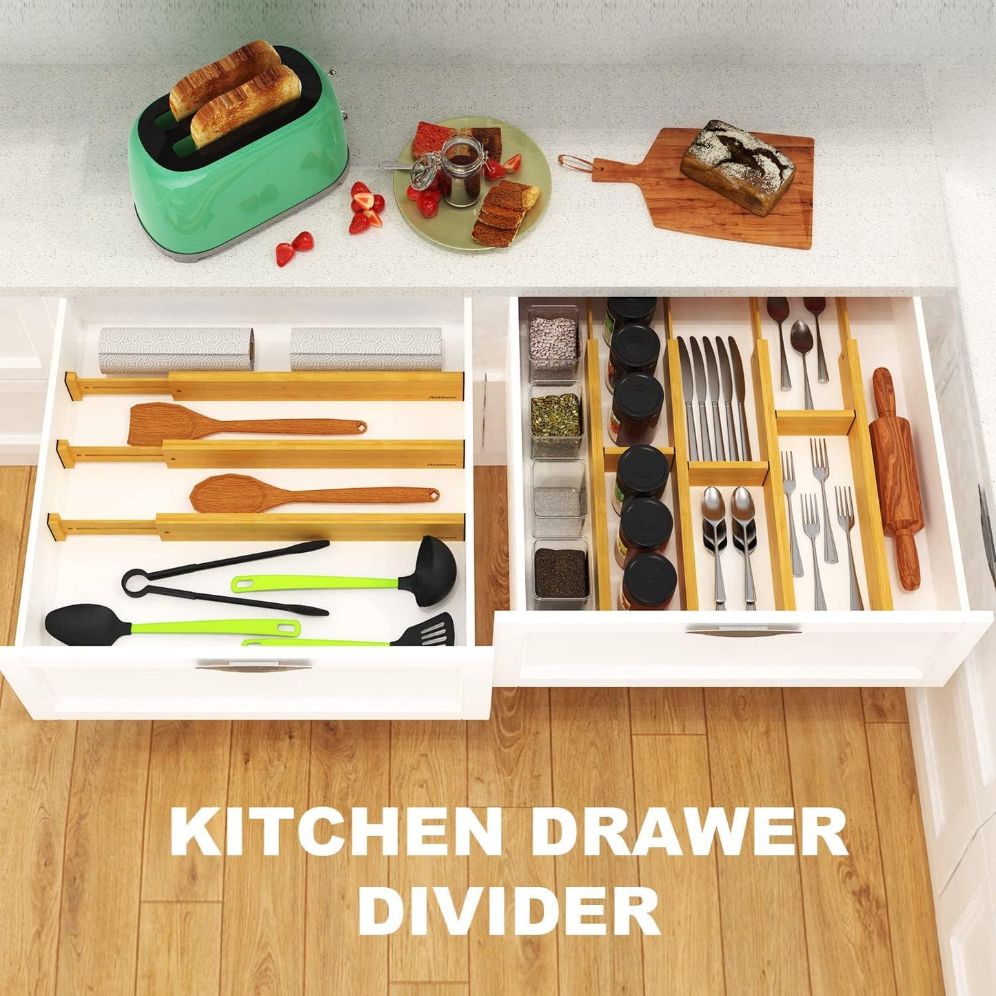 ANTOWIN Expandable Bamboo Drawer Dividers Organizer Kitchen Storage DEMO
