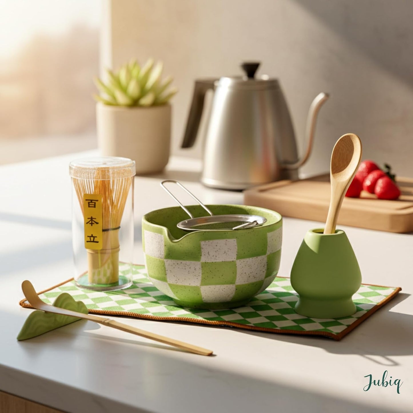 Ceramic Tea Tea Sets Set 8Pcs with Bowl Sifter Whisk Scoop Green White NEW