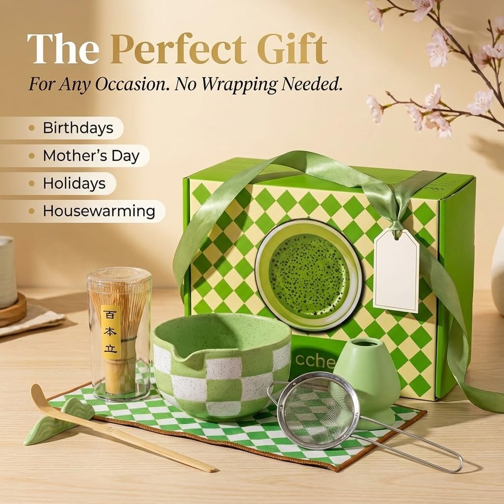 Ceramic Tea Tea Sets Set 8Pcs with Bowl Sifter Whisk Scoop Green White NEW