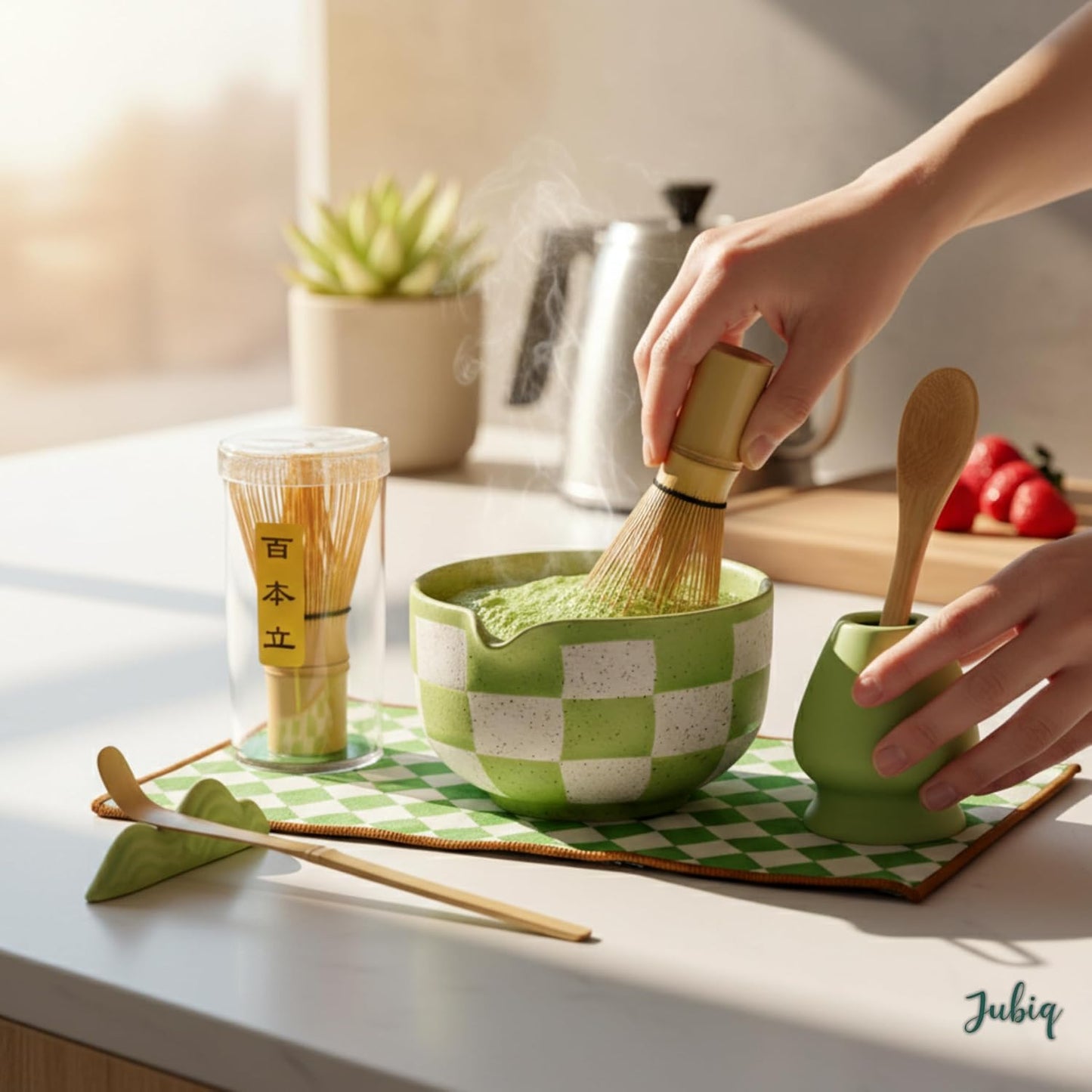 Ceramic Tea Tea Sets Set 8Pcs with Bowl Sifter Whisk Scoop Green White NEW