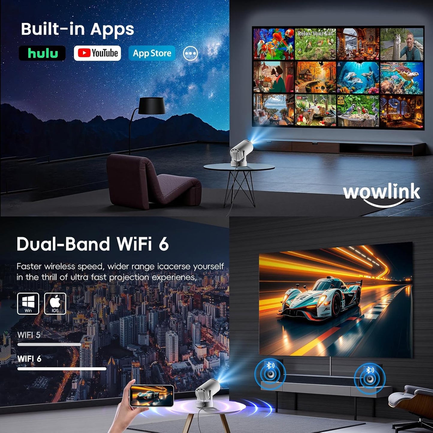 wowlink Mini Projectors Projector with WiFi 6 and Bluetooth 5.4 Wireless Home