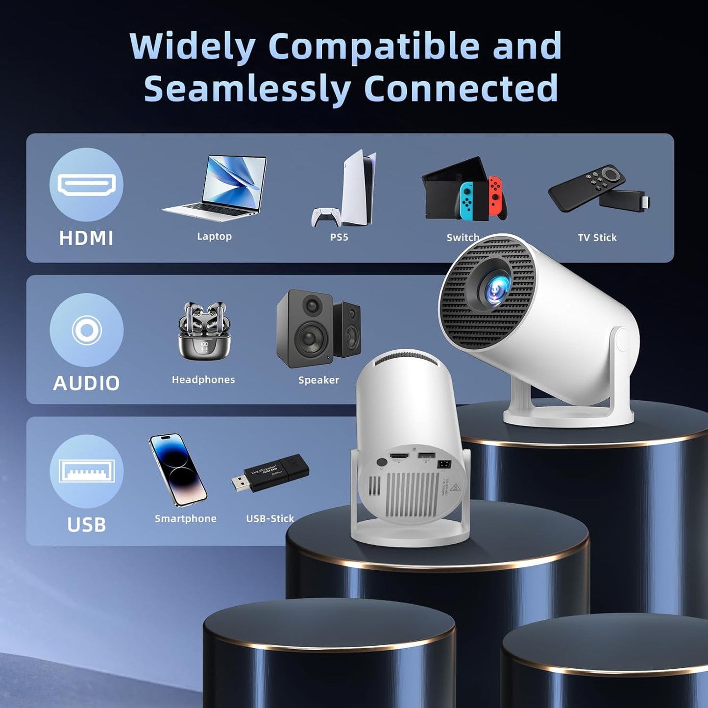 4K Mini Projectors Projector with Android 14, Built-in Apps, and White Finish