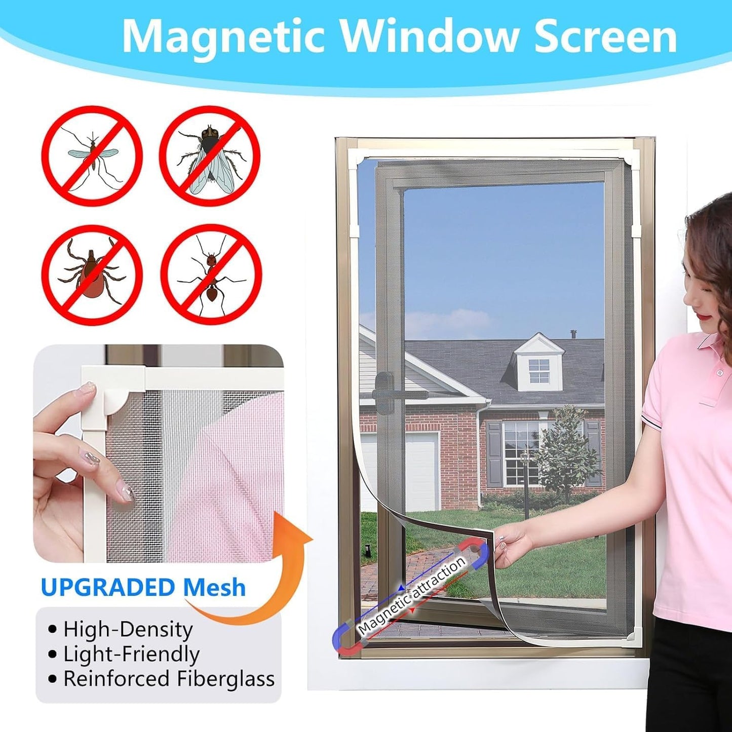 Adjustable Magnetic Window Fly Screen Mesh in Grey, 150x155cm Size NEW