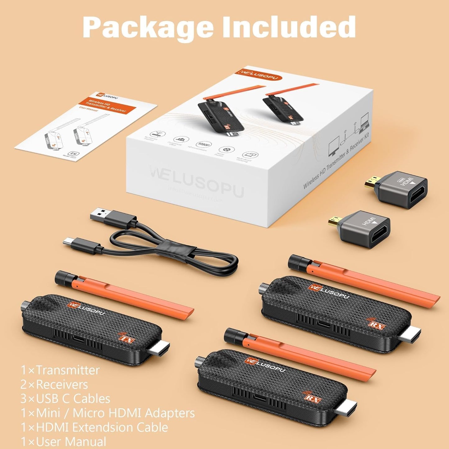 WELUSOPU Wireless Streaming Clients HDMI Transmitter and 2 Receivers 165FT DEMO