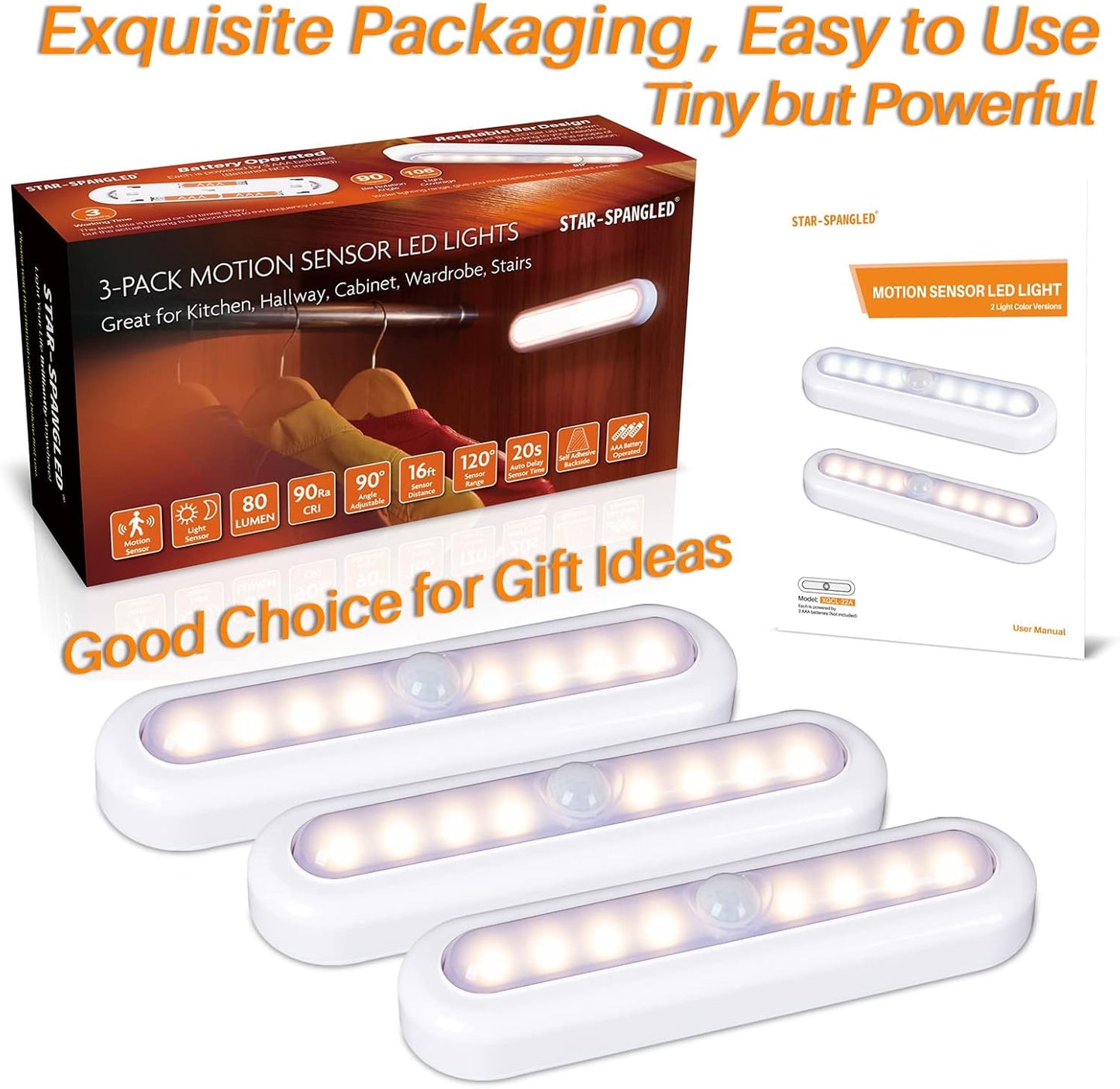 STAR-SPANGLED Cordless Motion Sensor Night Light Warm White LED Stick-On NEW
