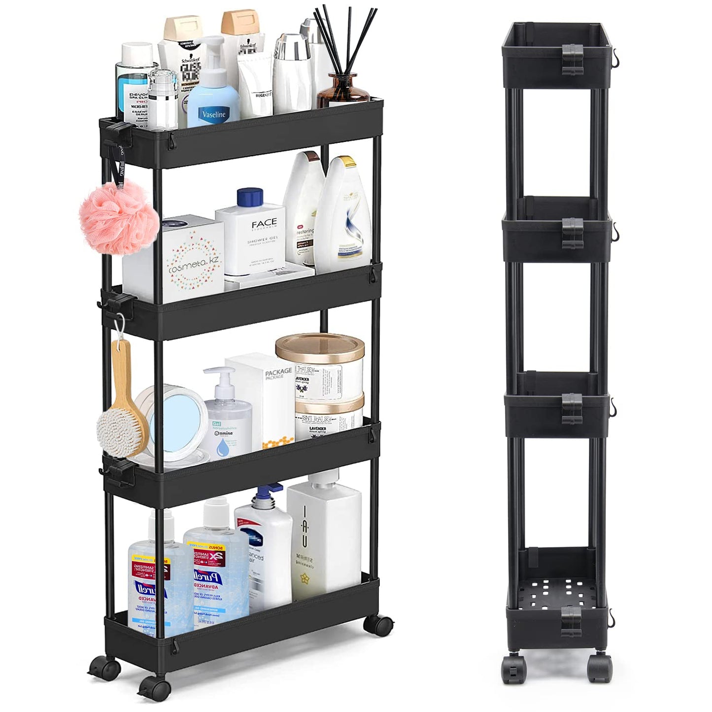 4-Tier Black Rolling Storage Cart with Wheels - Bathroom Organizer Trolley DEMO