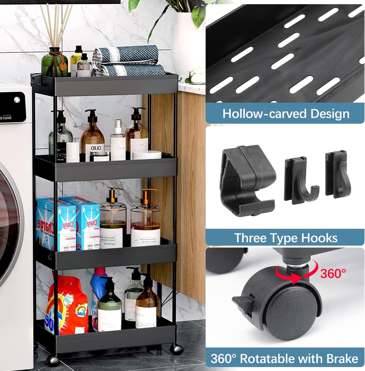 4-Tier Black Rolling Storage Cart with Wheels - Bathroom Organizer Trolley DEMO