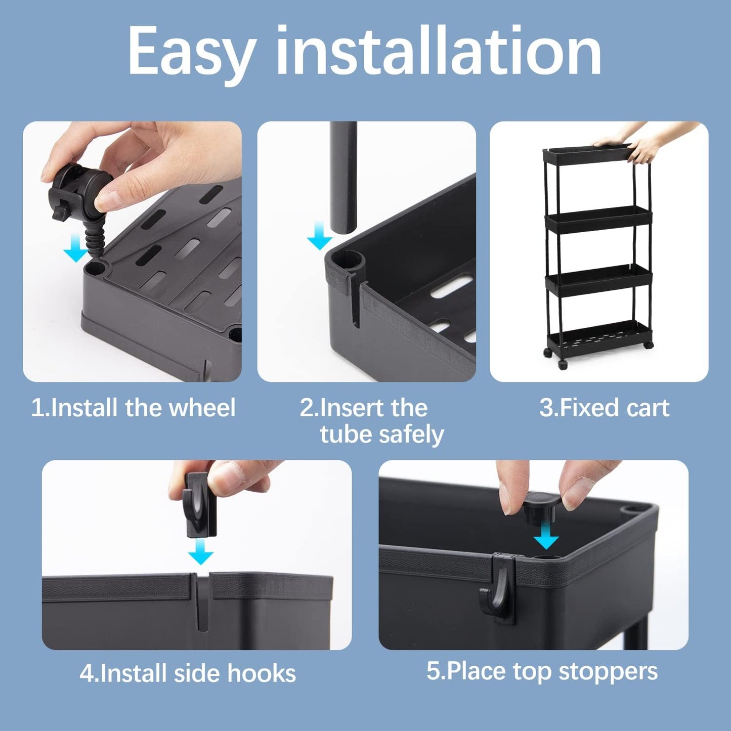 4-Tier Black Rolling Storage Cart with Wheels - Bathroom Organizer Trolley DEMO