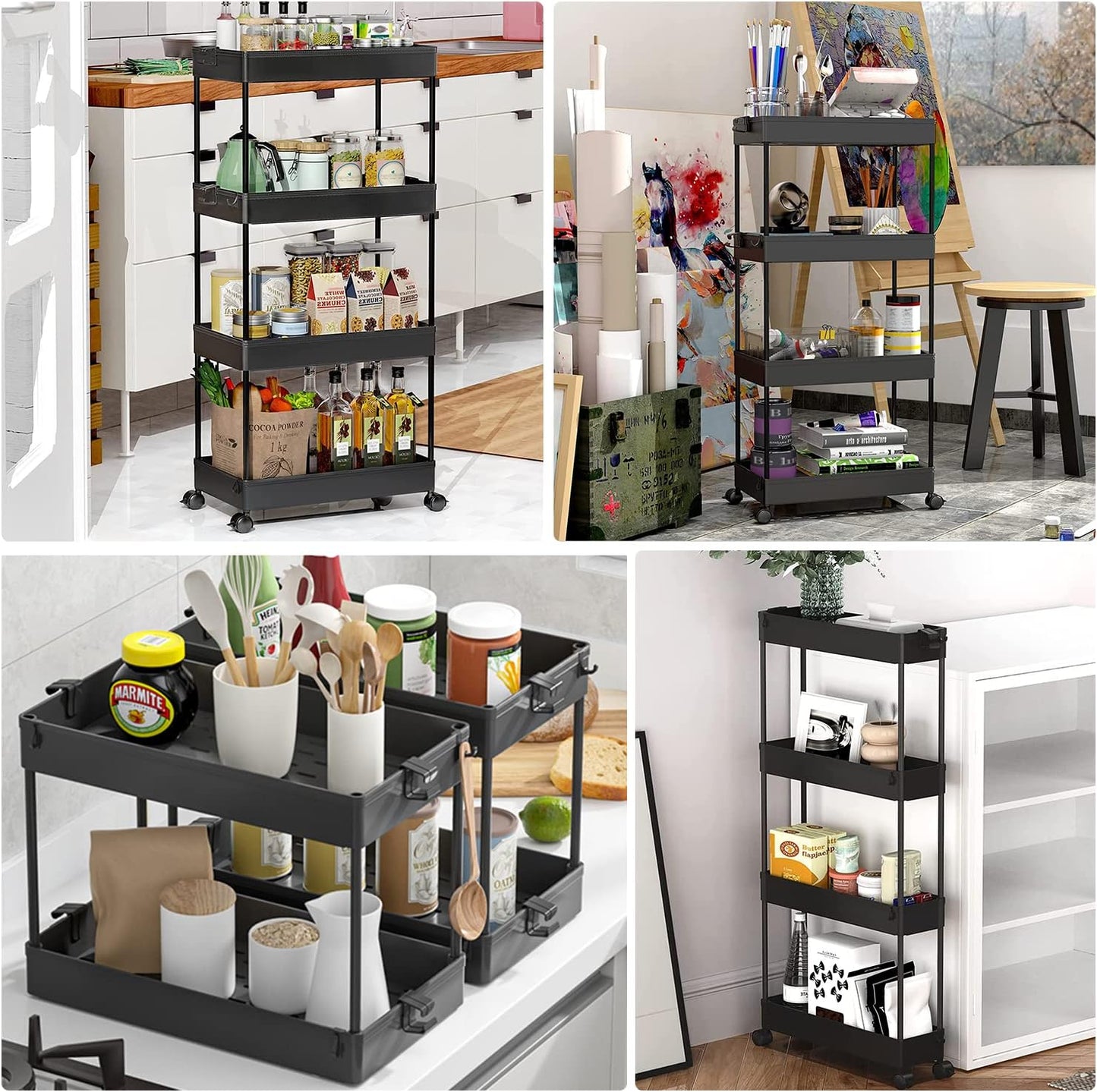 4-Tier Black Rolling Storage Cart with Wheels - Bathroom Organizer Trolley DEMO