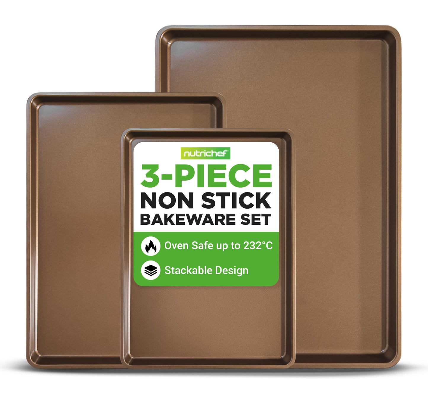 NutriChef 3-Piece Nonstick Oven Baking Sheets Heavy Duty Carbon Steel Gold NEW