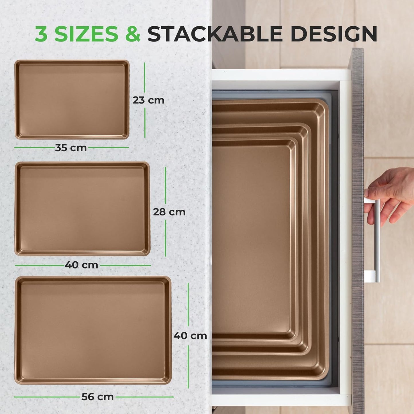 NutriChef 3-Piece Nonstick Oven Baking Sheets Heavy Duty Carbon Steel Gold NEW