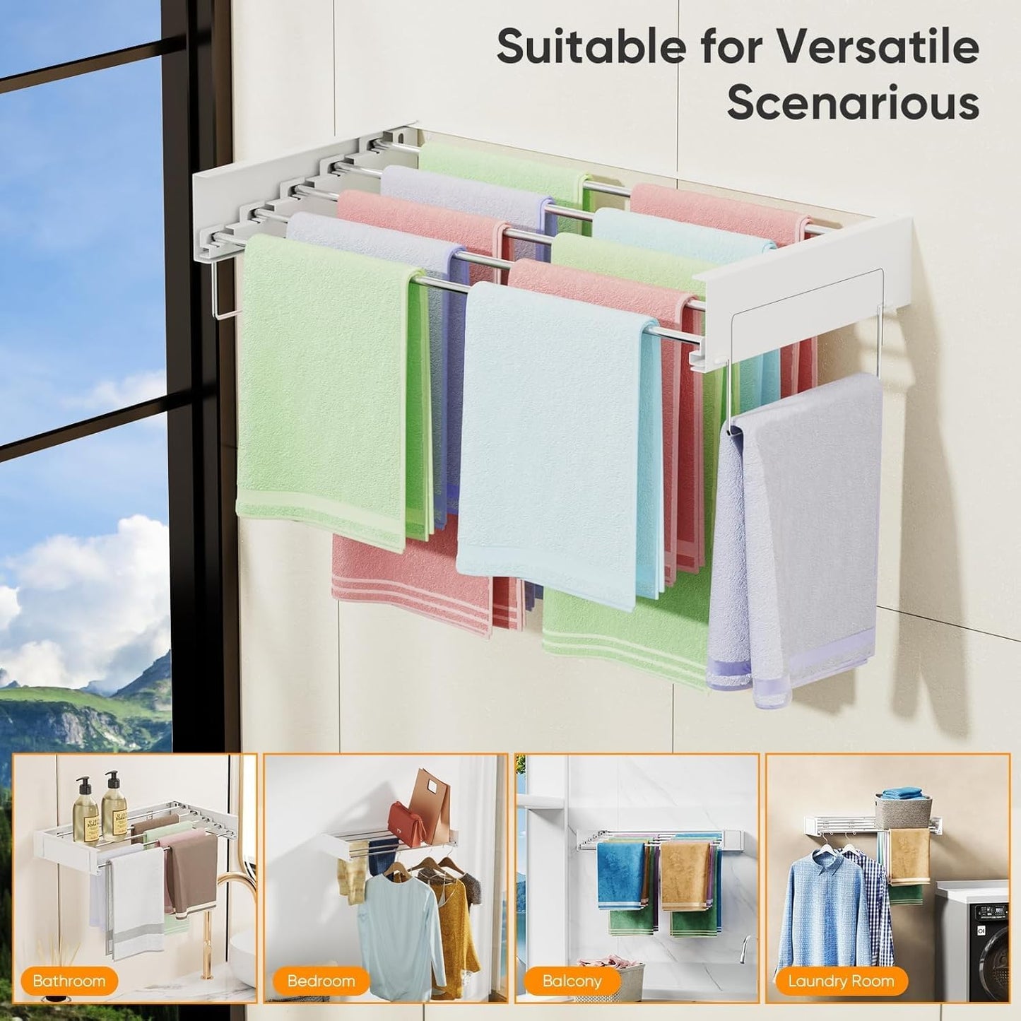 Foldable Wall Mounted Clothes Drying Rack Towel Holder, 100 cm, White, DEMO