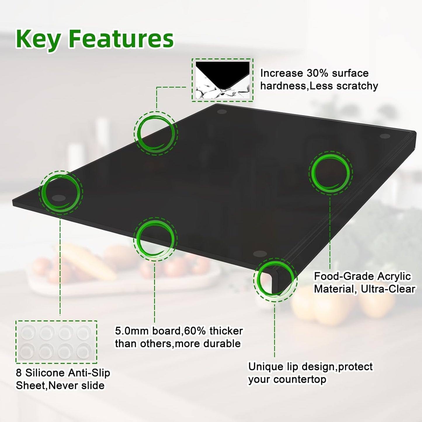 Acrylic Chopping Board with Counter Lip Durable BPA-Free Food Safe Size DEMO