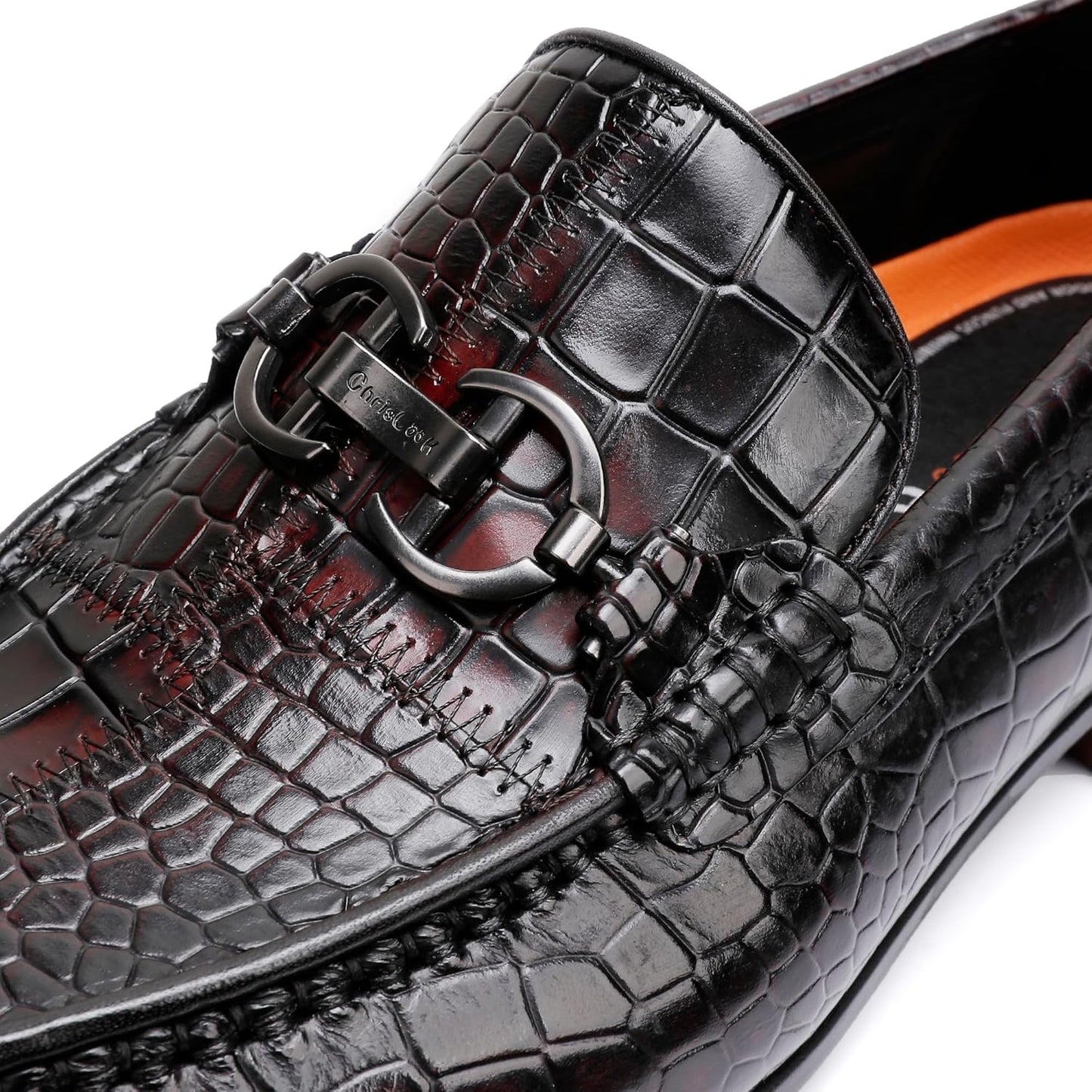 ChrisLOOK Leather Slip-On Loafer Flats Brogue Dress Shoes Black & Red Size NEW