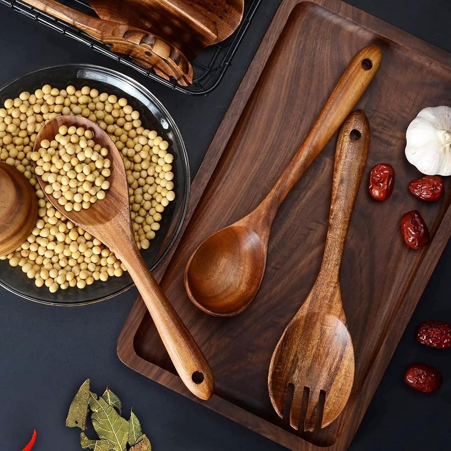 Teak Wood Spatulas and Cooking Utensils Set of 10 Natural Brown Kitchen NEW