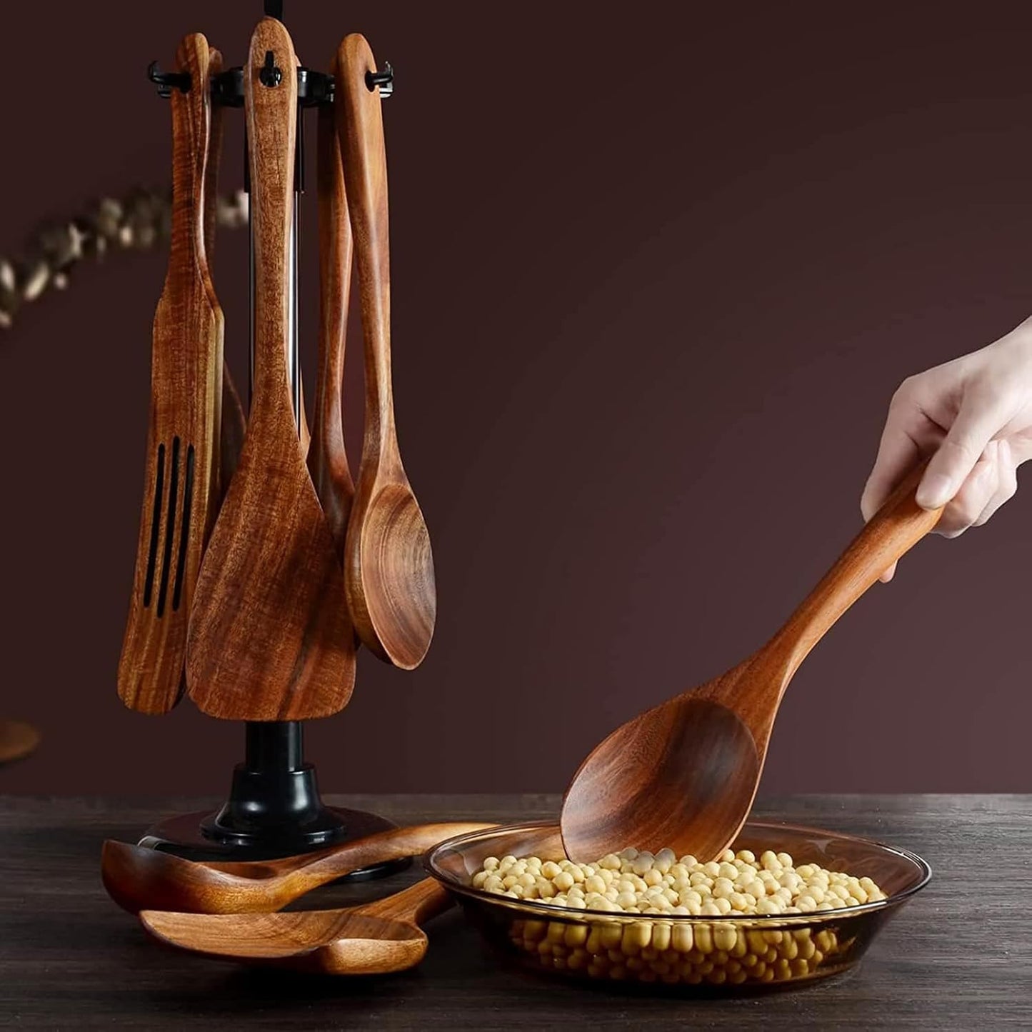 Teak Wood Spatulas and Cooking Utensils Set of 10 Natural Brown Kitchen NEW