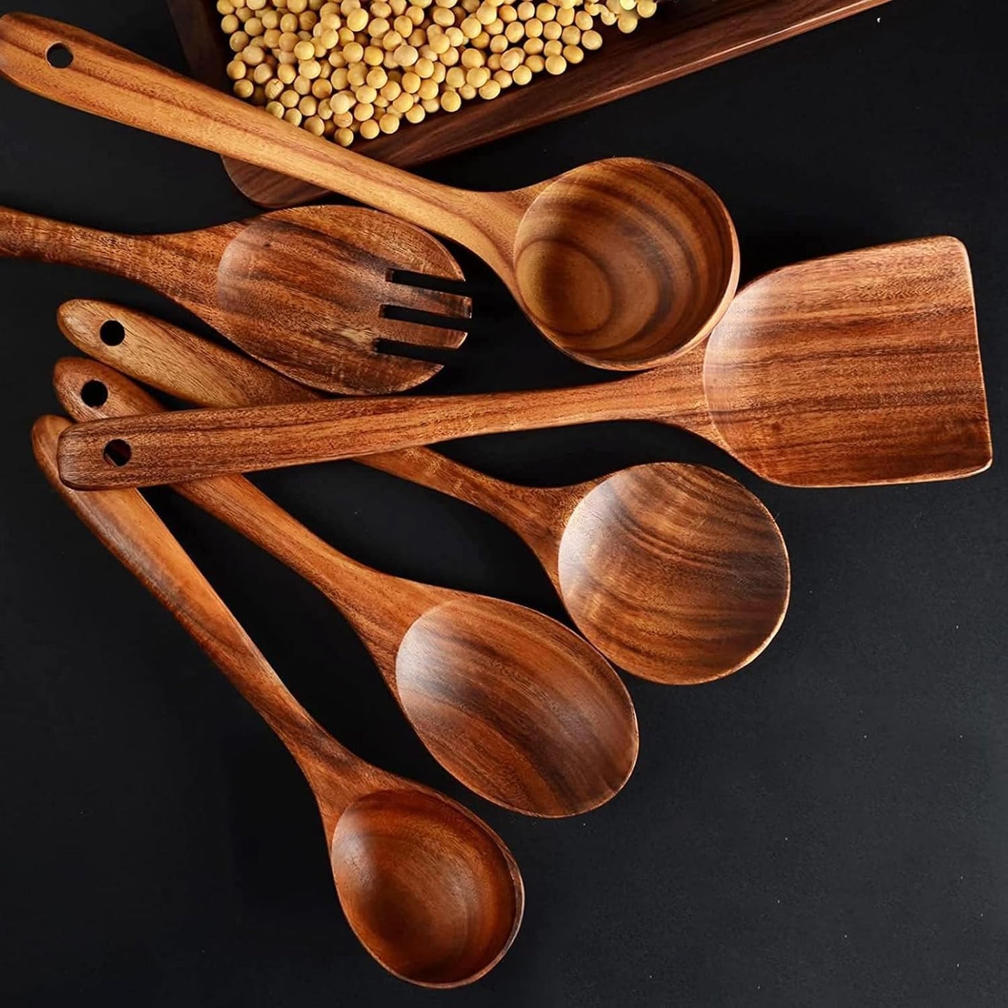 Teak Wood Spatulas and Cooking Utensils Set of 10 Natural Brown Kitchen NEW