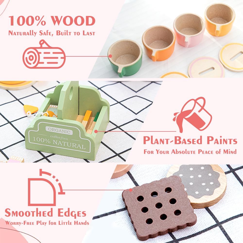 KABI Wooden Tea Party Set for Kids Pretend Play Pastel Shades Size 36+ NEW