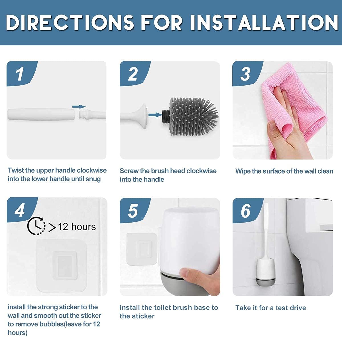 Grey Silicone Toilet Brush with Holder 2-Pack for Bathroom Cleaning NEW