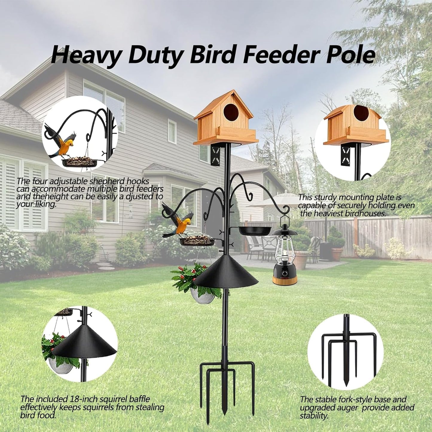 Sturdy 76 Inch Metal Bird Feeder Pole Stand for Backyard Birding in Black NEW