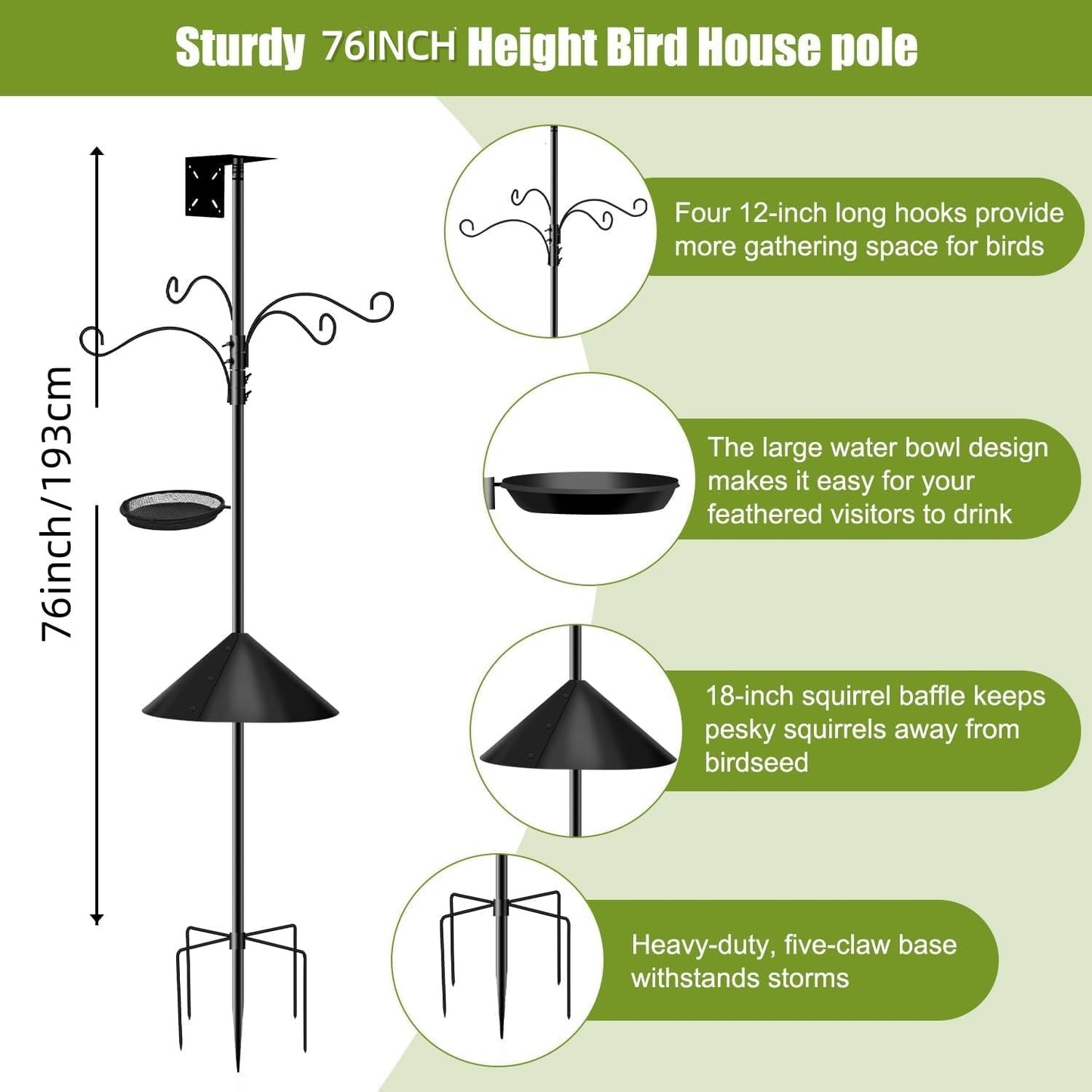 Sturdy 76 Inch Metal Bird Feeder Pole Stand for Backyard Birding in Black NEW