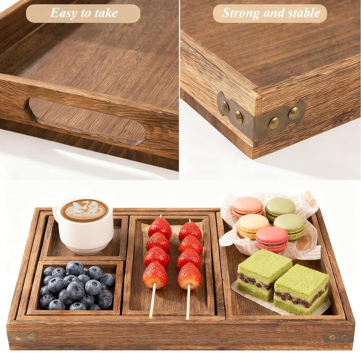 Rustic Wooden Serving Trays Rectangular Platters for Snacks Dining Home DEMO