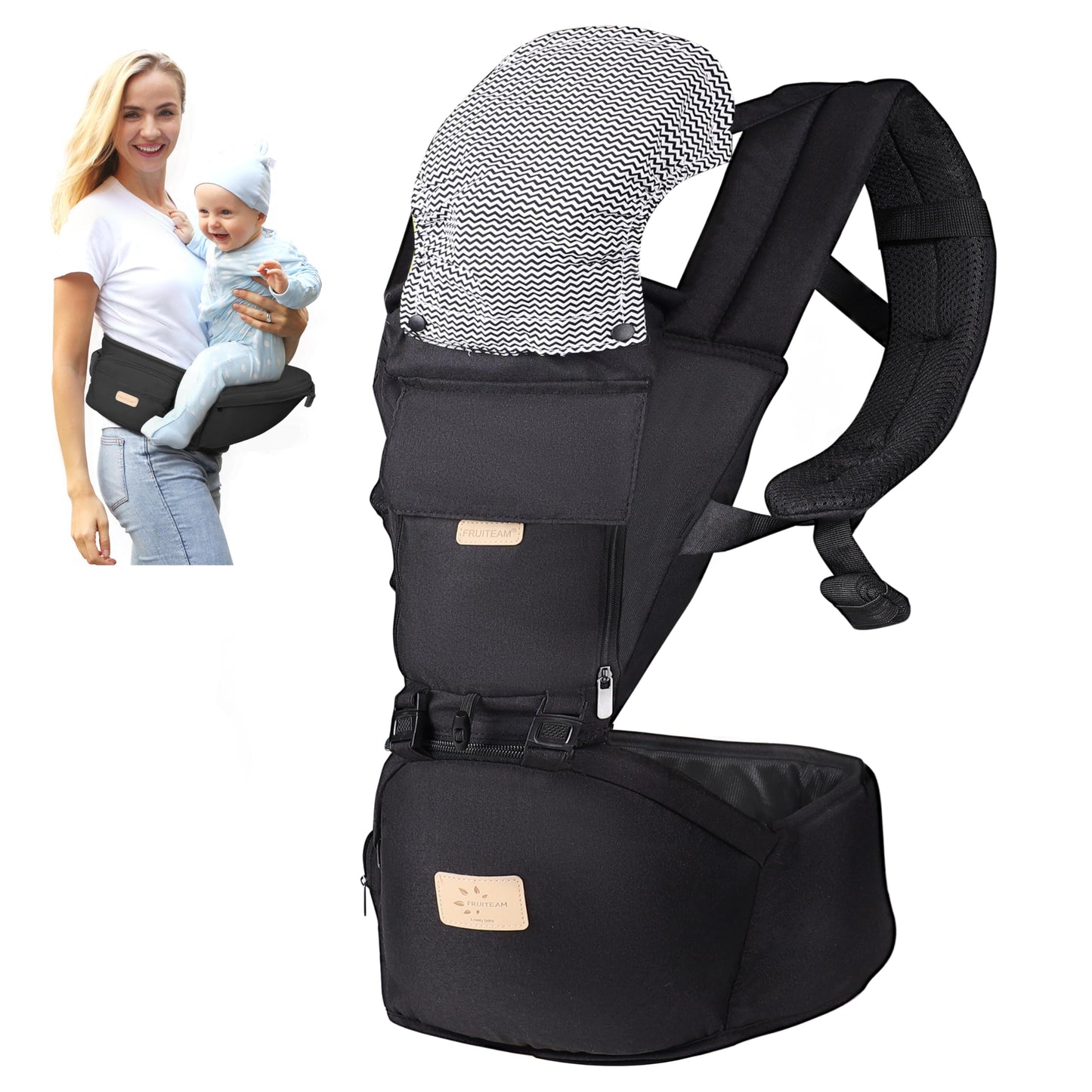 FRUITEAM 6-in-1 Ergonomic Navy Blue Baby Carrier with Waist Stool for DEMO
