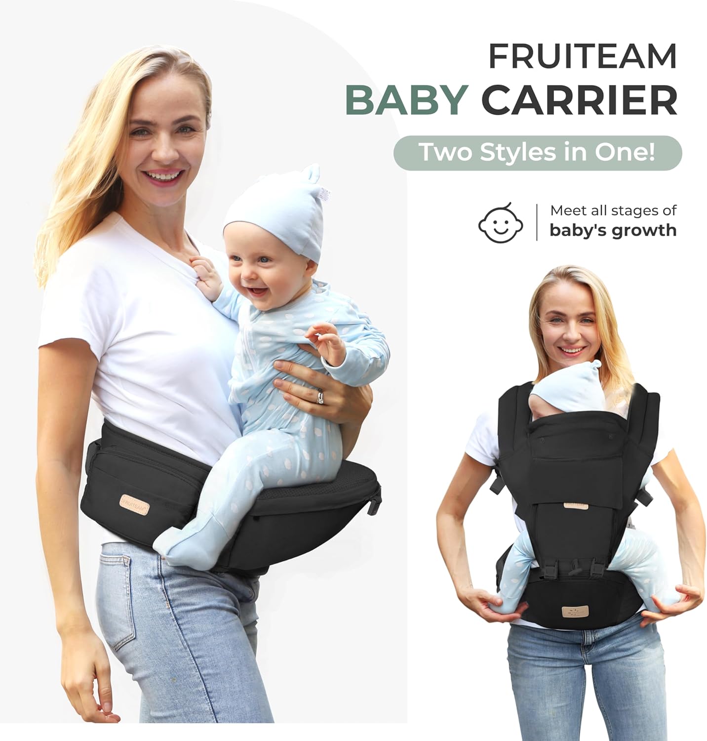 FRUITEAM 6-in-1 Ergonomic Navy Blue Baby Carrier with Waist Stool for DEMO