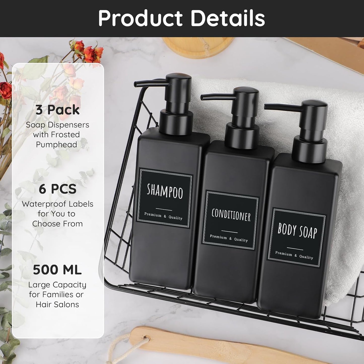 Matte Black Pump Dispensers Set of 3 - 500ml Hand Soap Dispenser for NEW