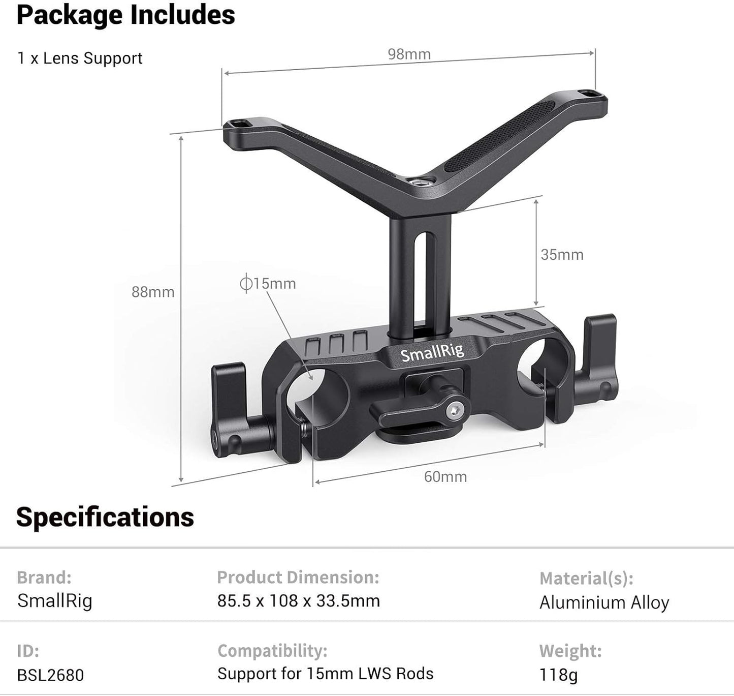 SMALLRIG 15mm Lens Support Bracket - Height Adjustable for DSLR Cameras DEMO